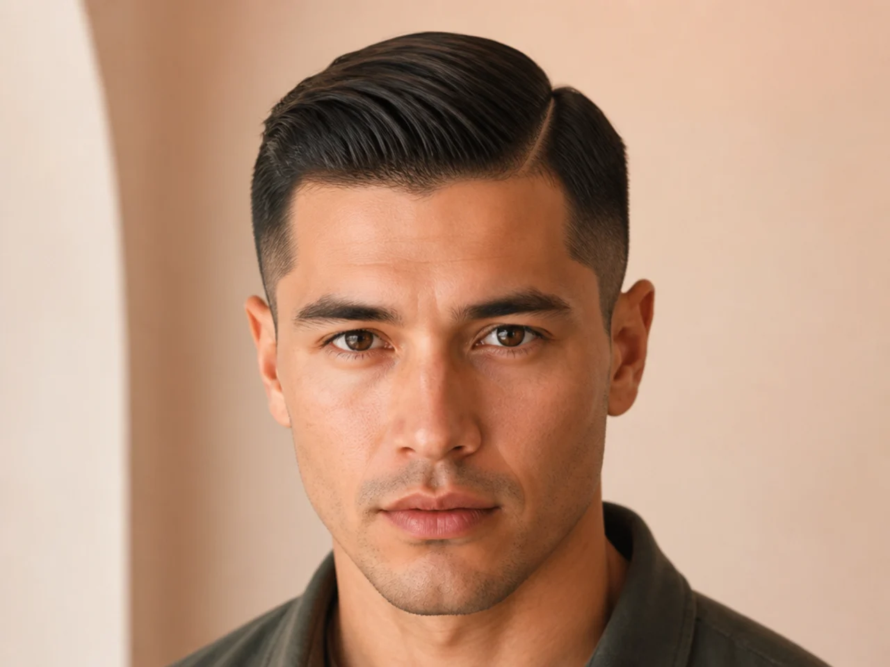 A parting line aligned with the outer end of the eyebrow
