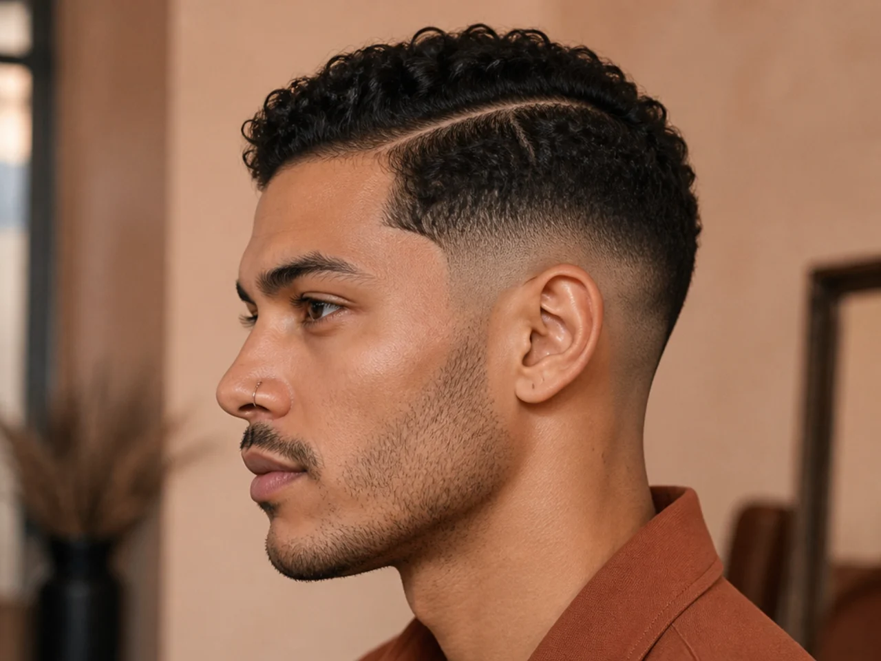 A side part in short curly hair