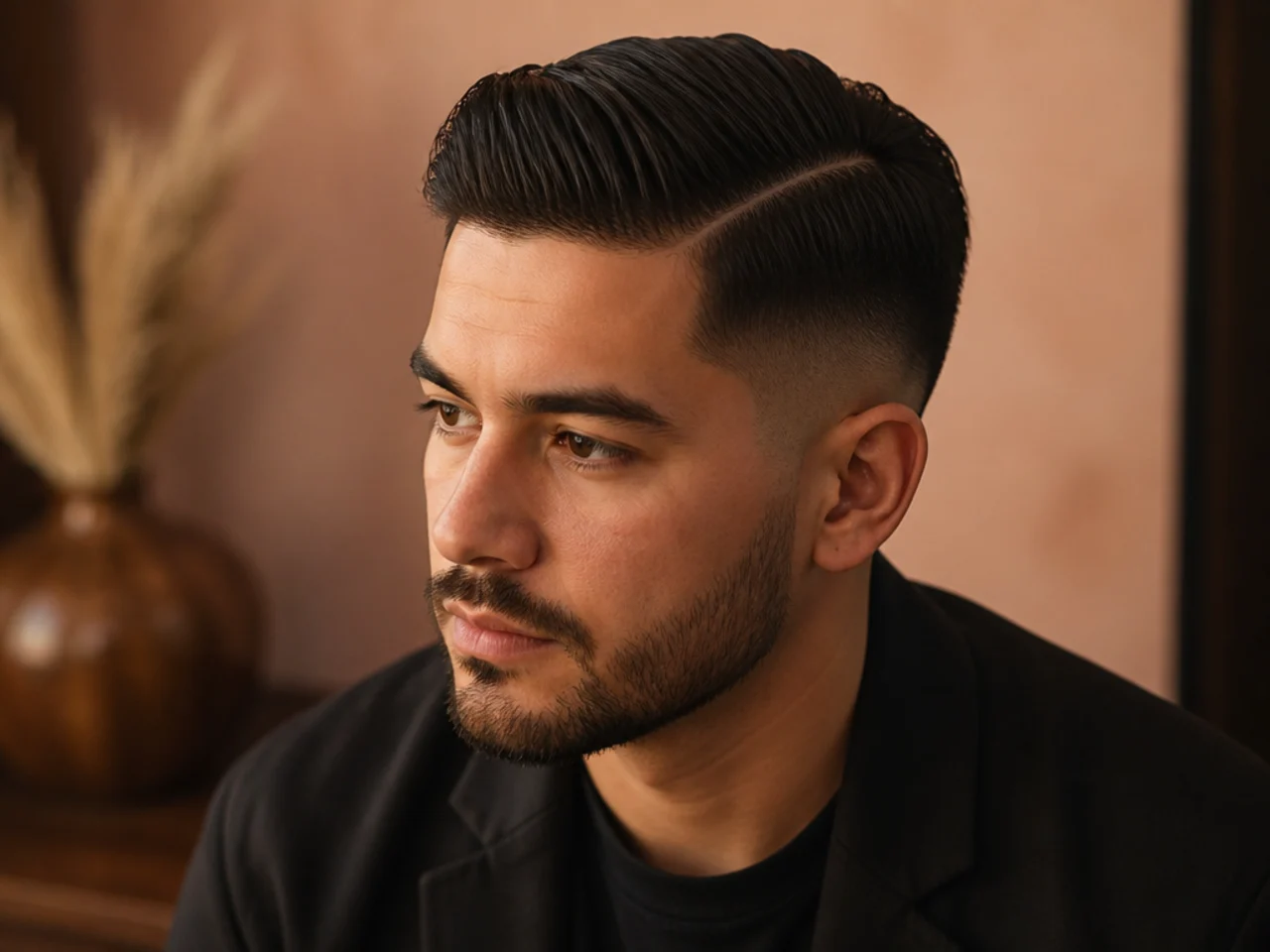 Three-quarter view of a short haircut with a side part