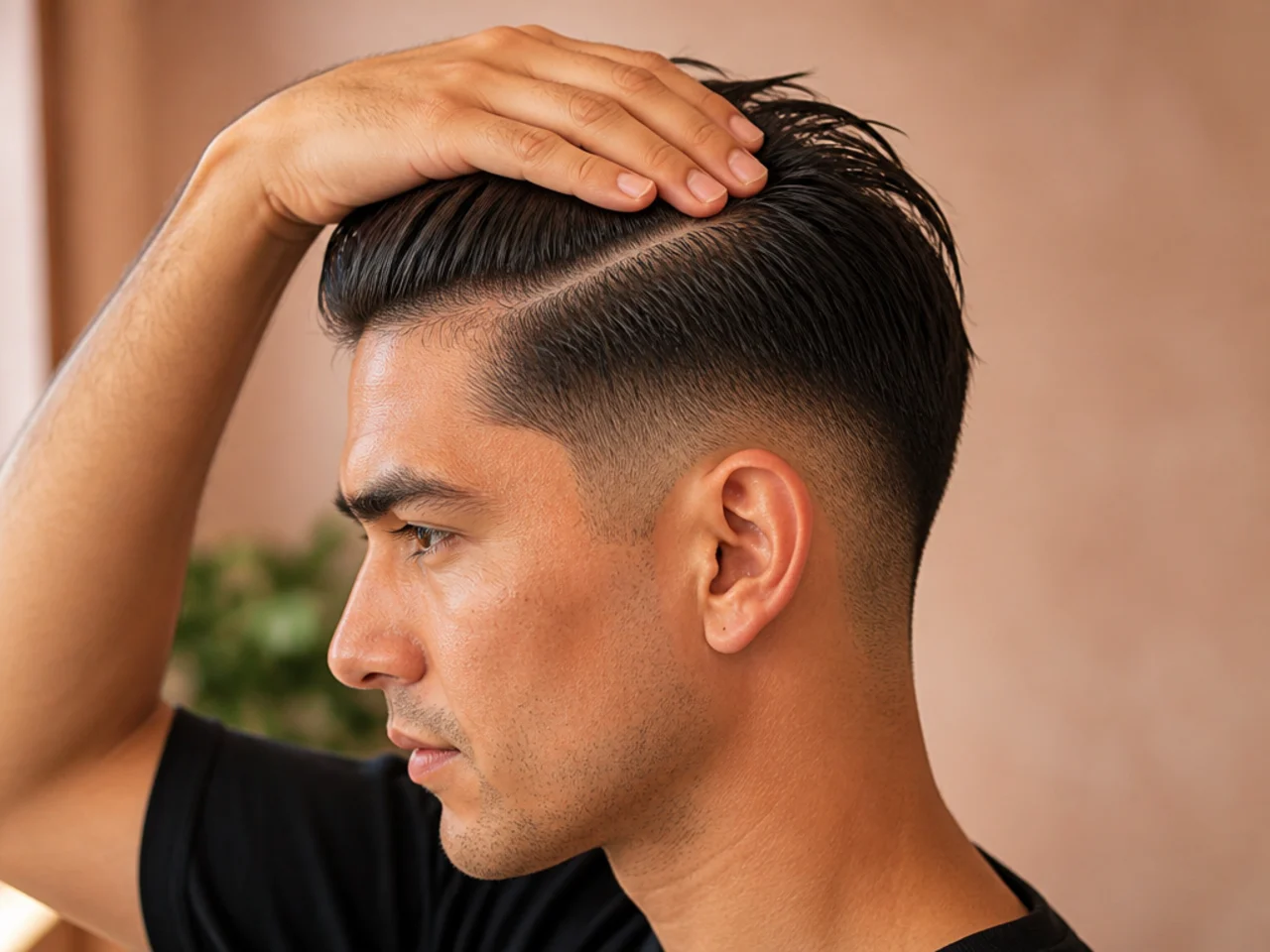 A flat palm pushing damp hair back to reveal a natural split