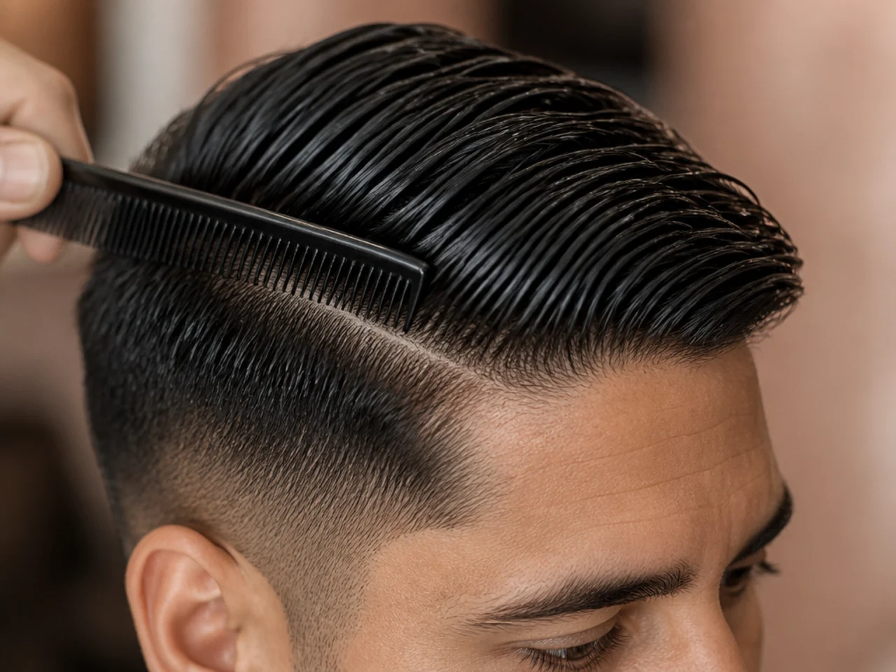 A comb opening a side part in damp hair