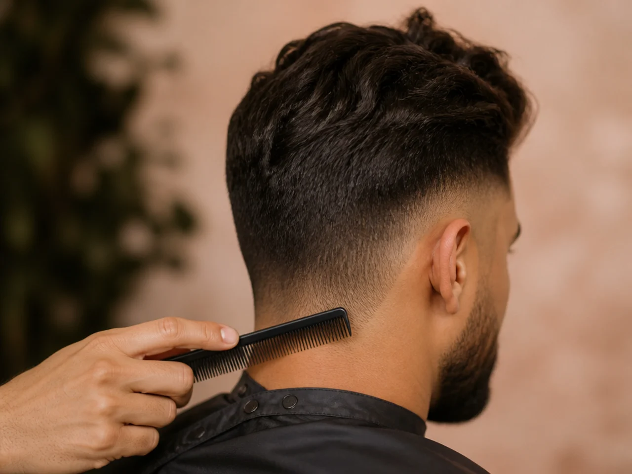A fine comb settling the hair flat at the nape