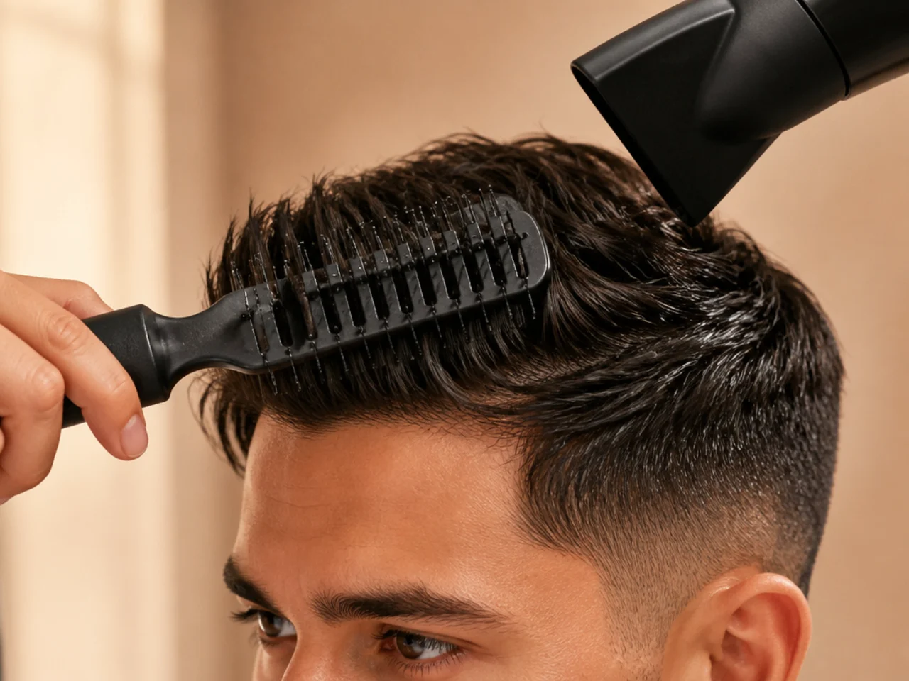 A vent brush drying and directing damp short hair