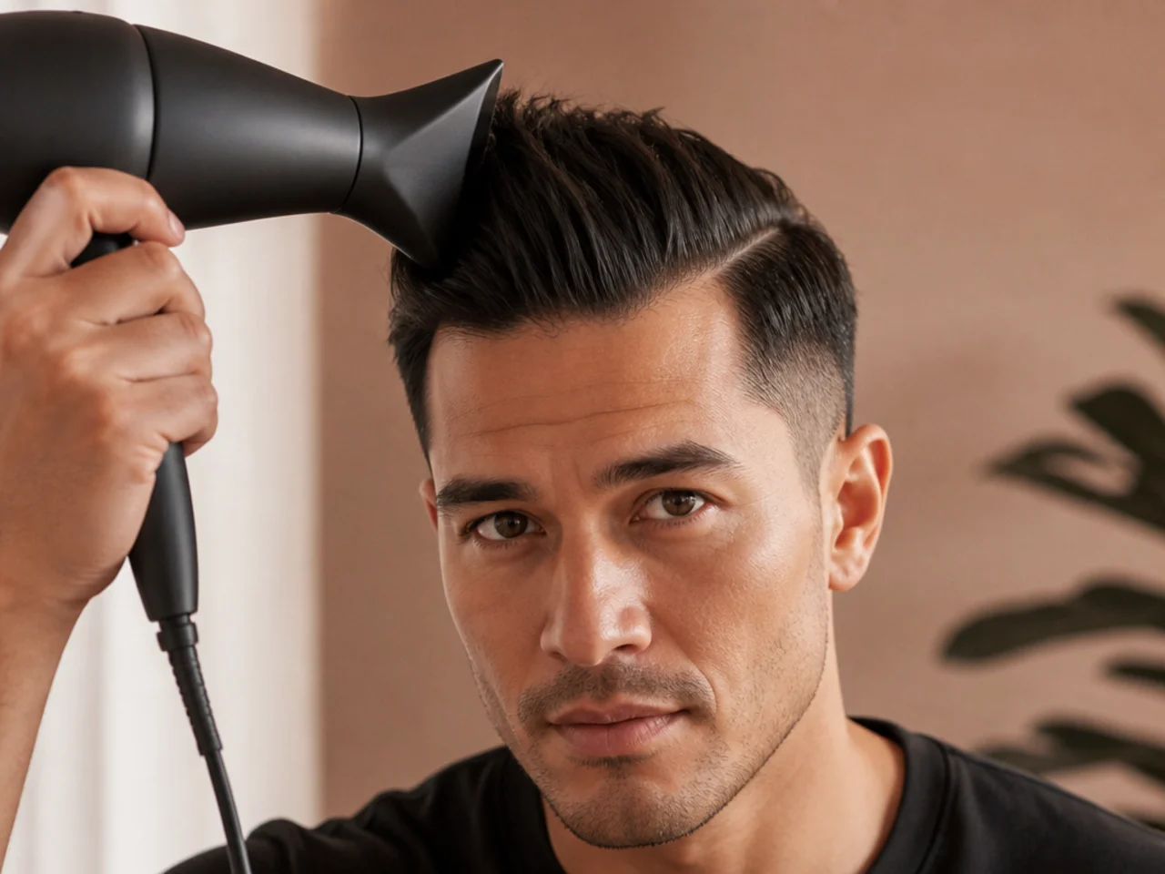 A dryer nozzle angled up at the roots of short hair