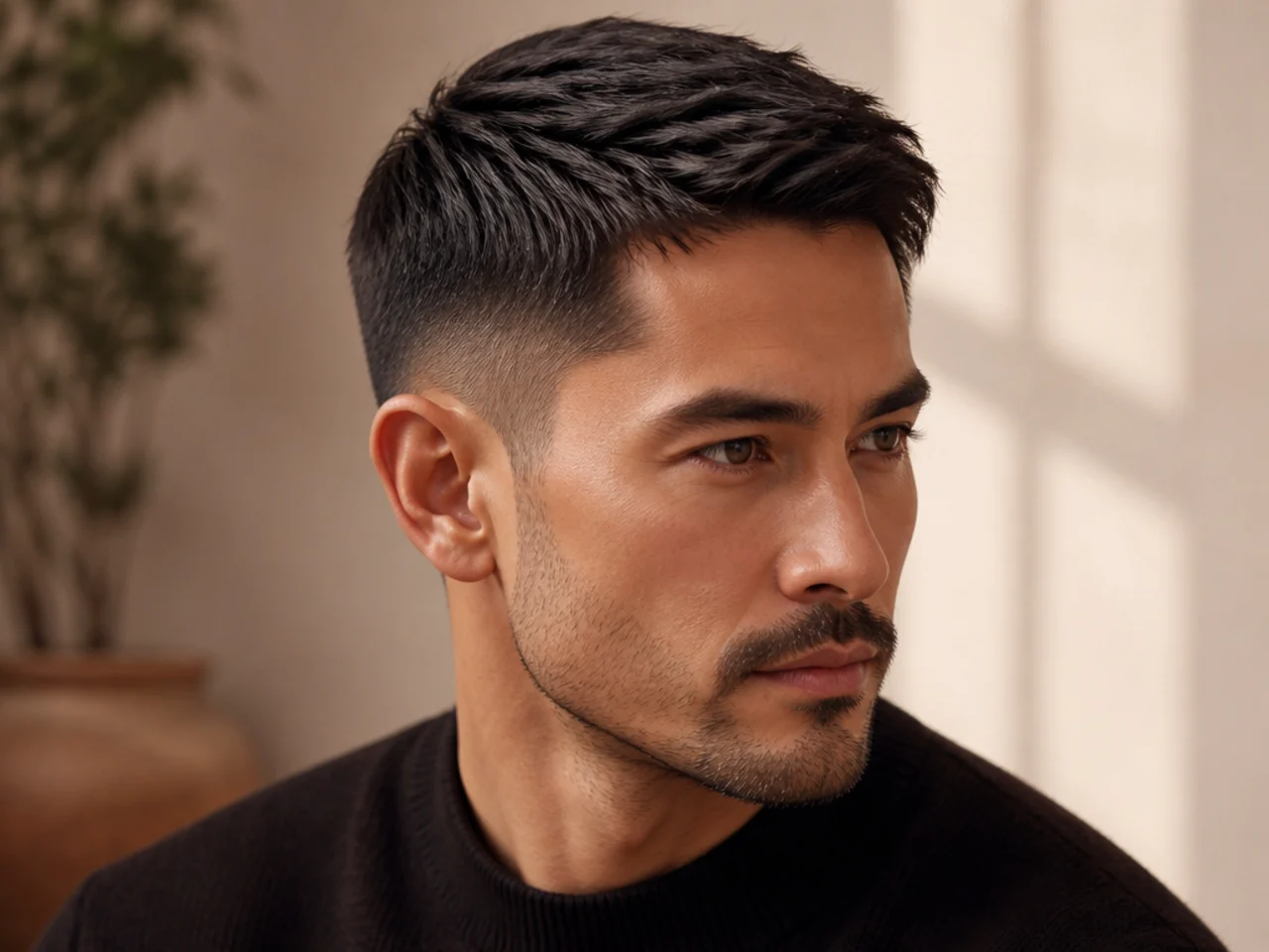 Short hair styled with the front forward and the sides back