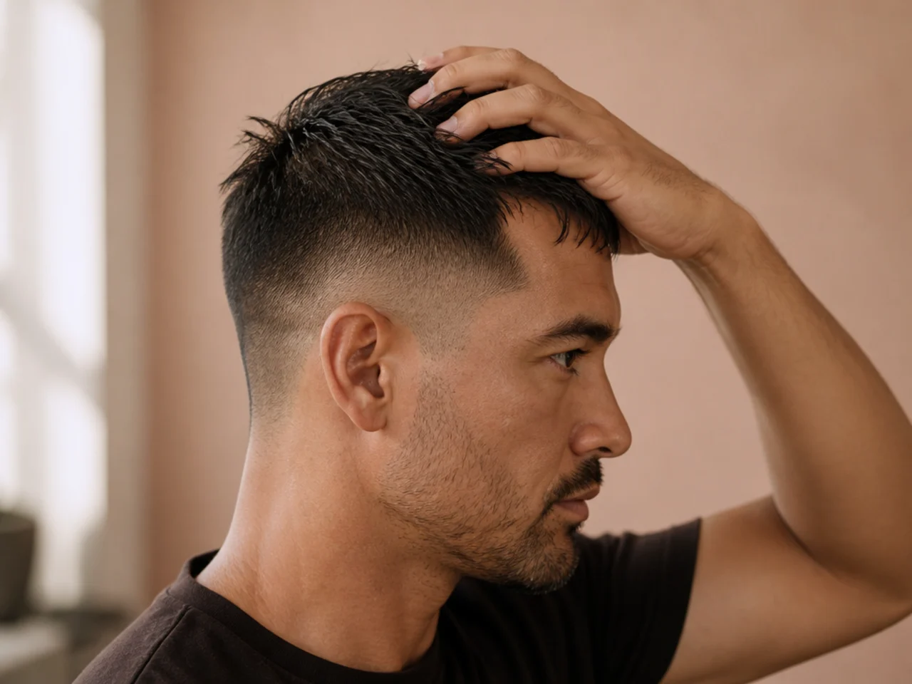 Wet fingertips resetting short hair at the roots