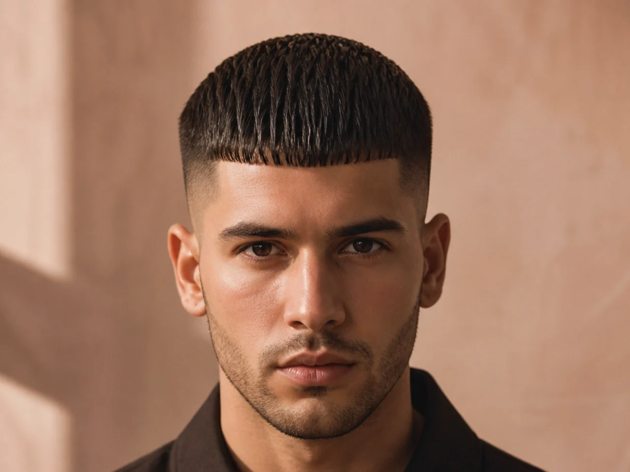 A blunt fringe combed straight forward