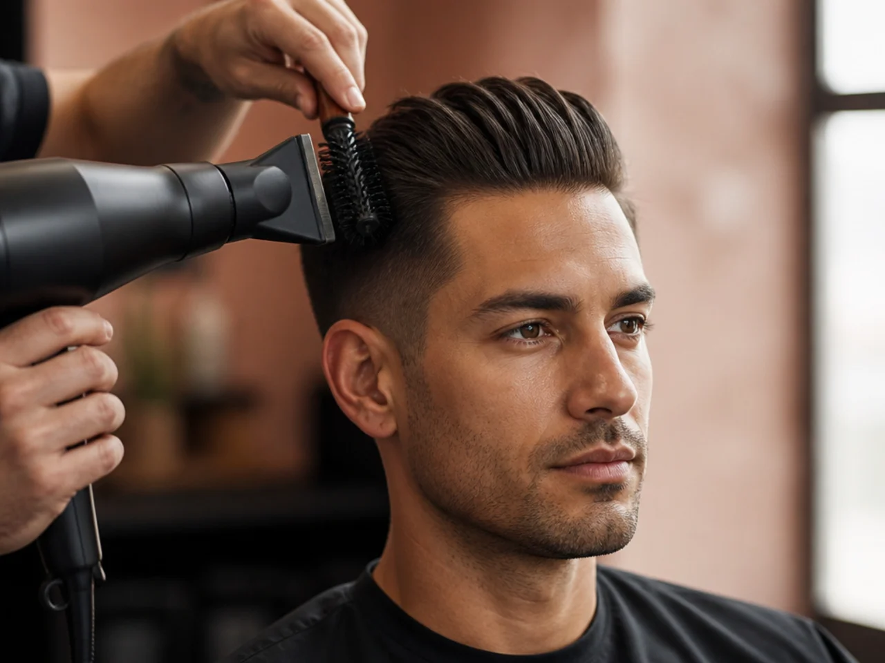 Short hair brushed straight back under a dryer