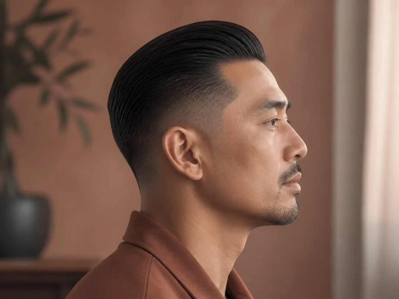 Short hair combed back into a smooth continuous surface
