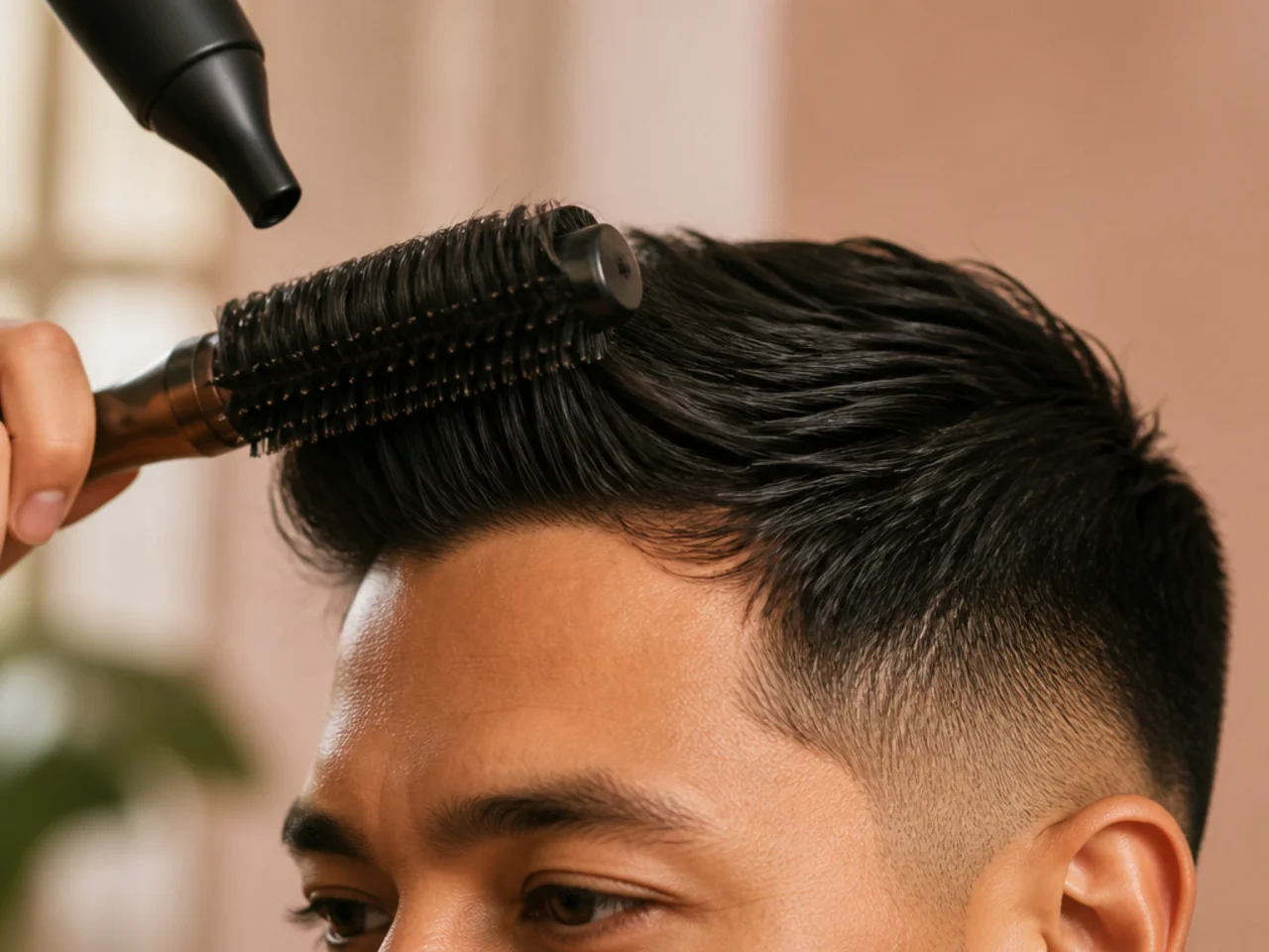 A round brush lifting the front section of short hair