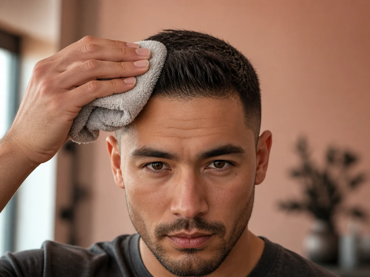 A towel pushing short hair against its growth direction