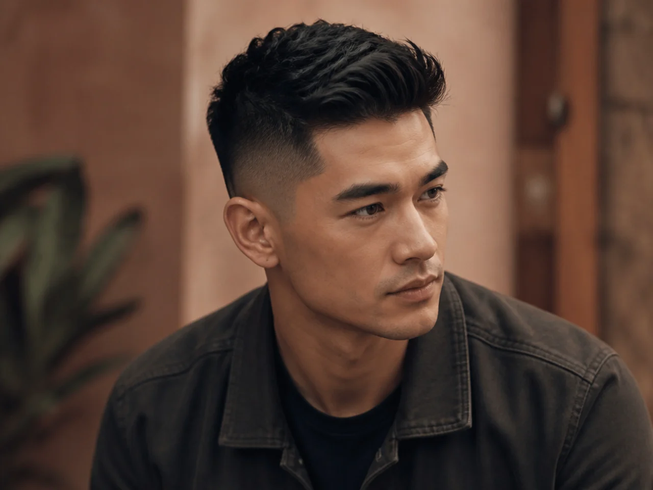 Three-quarter view of a styled short men's haircut