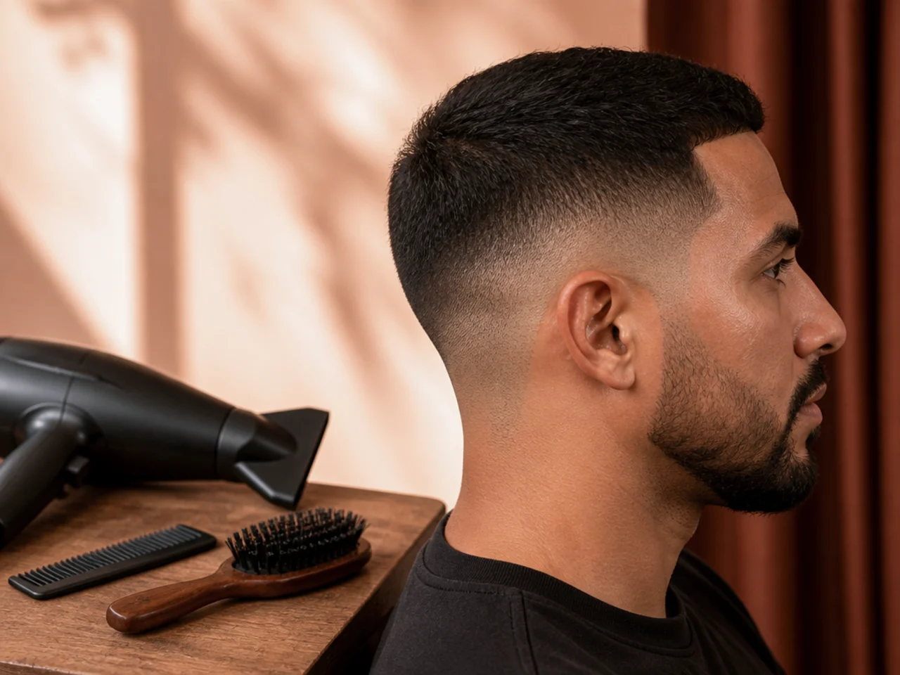 A comb, a brush and a hair dryer laid out together