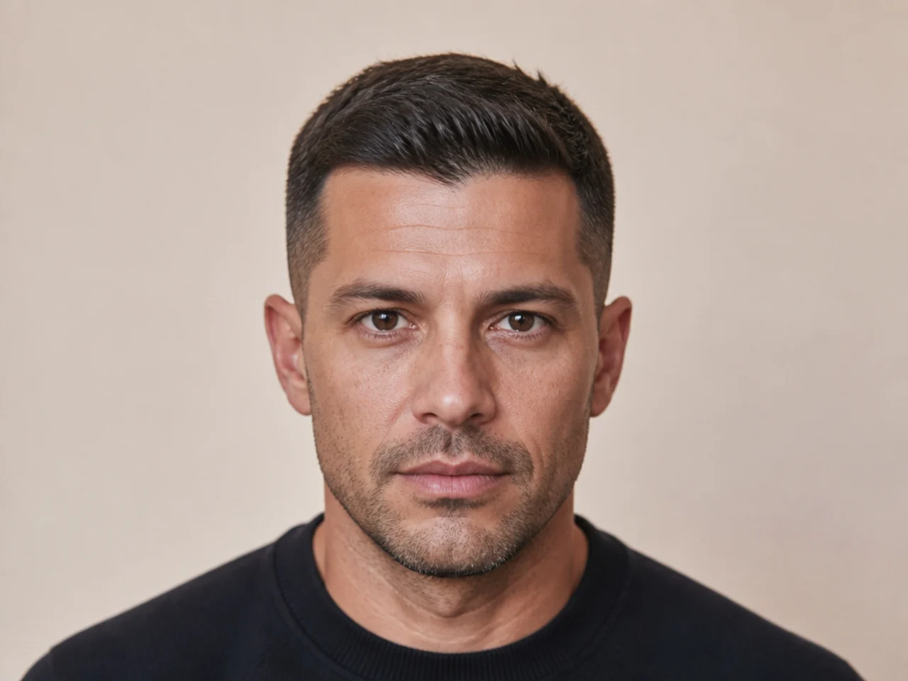 A plain short haircut photographed in flat frontal light