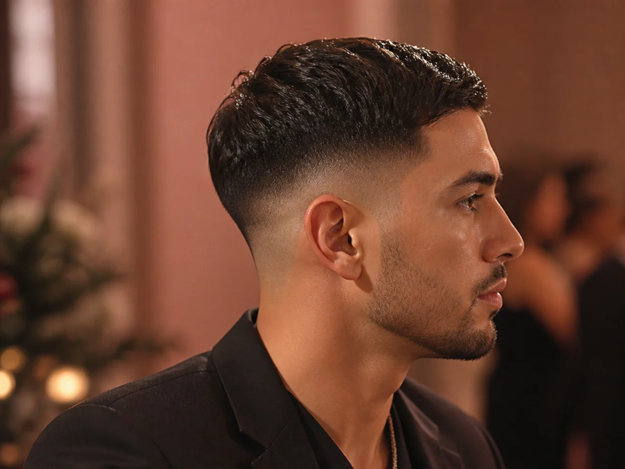 A short haircut finished with a light shine under warm lighting