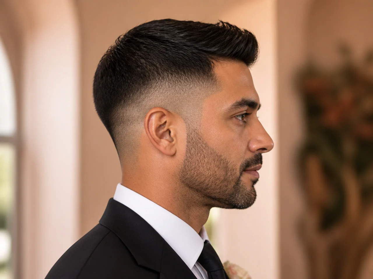A settled short haircut worn with a suit