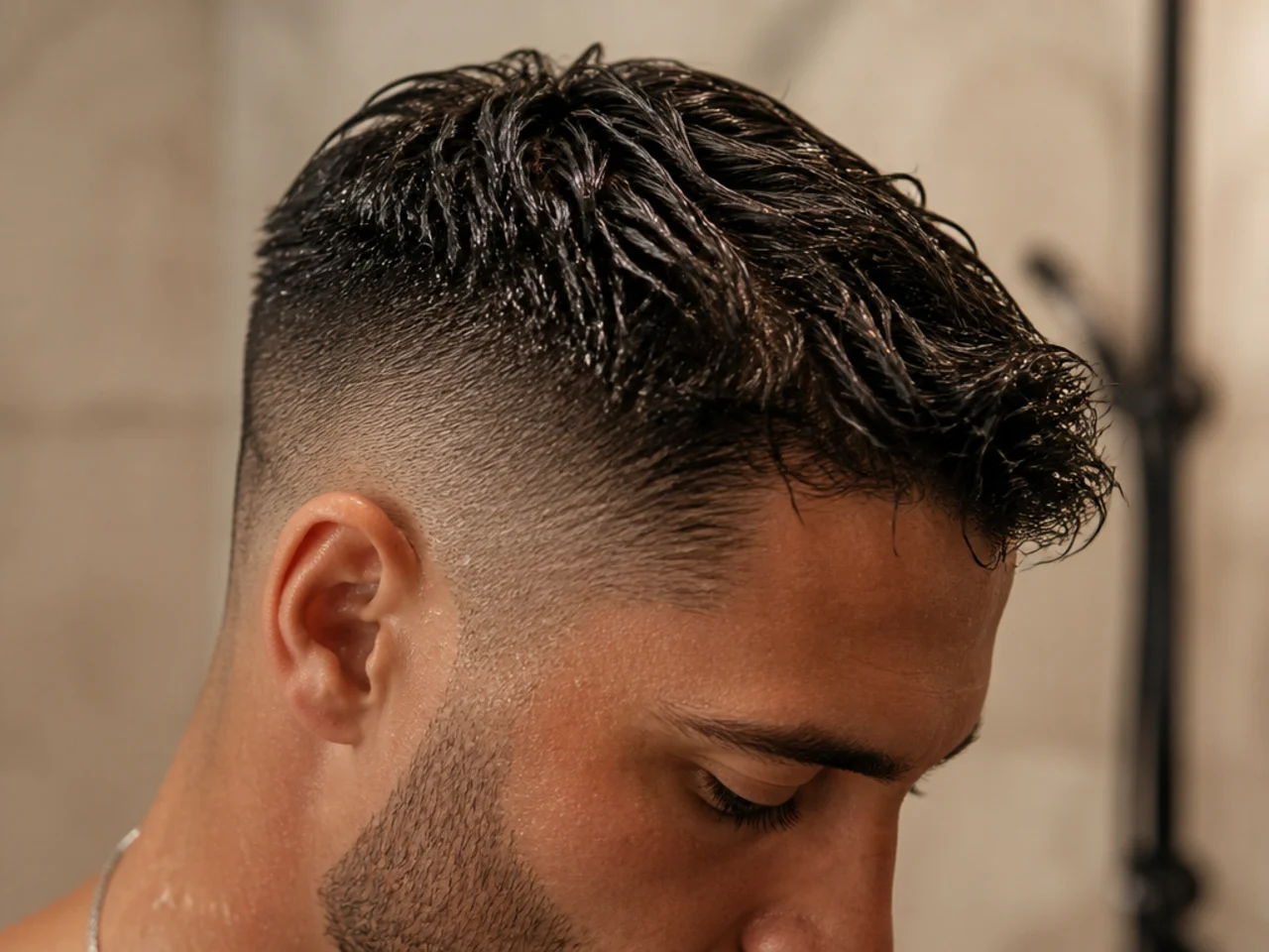 Damp short hair styled with a light cream