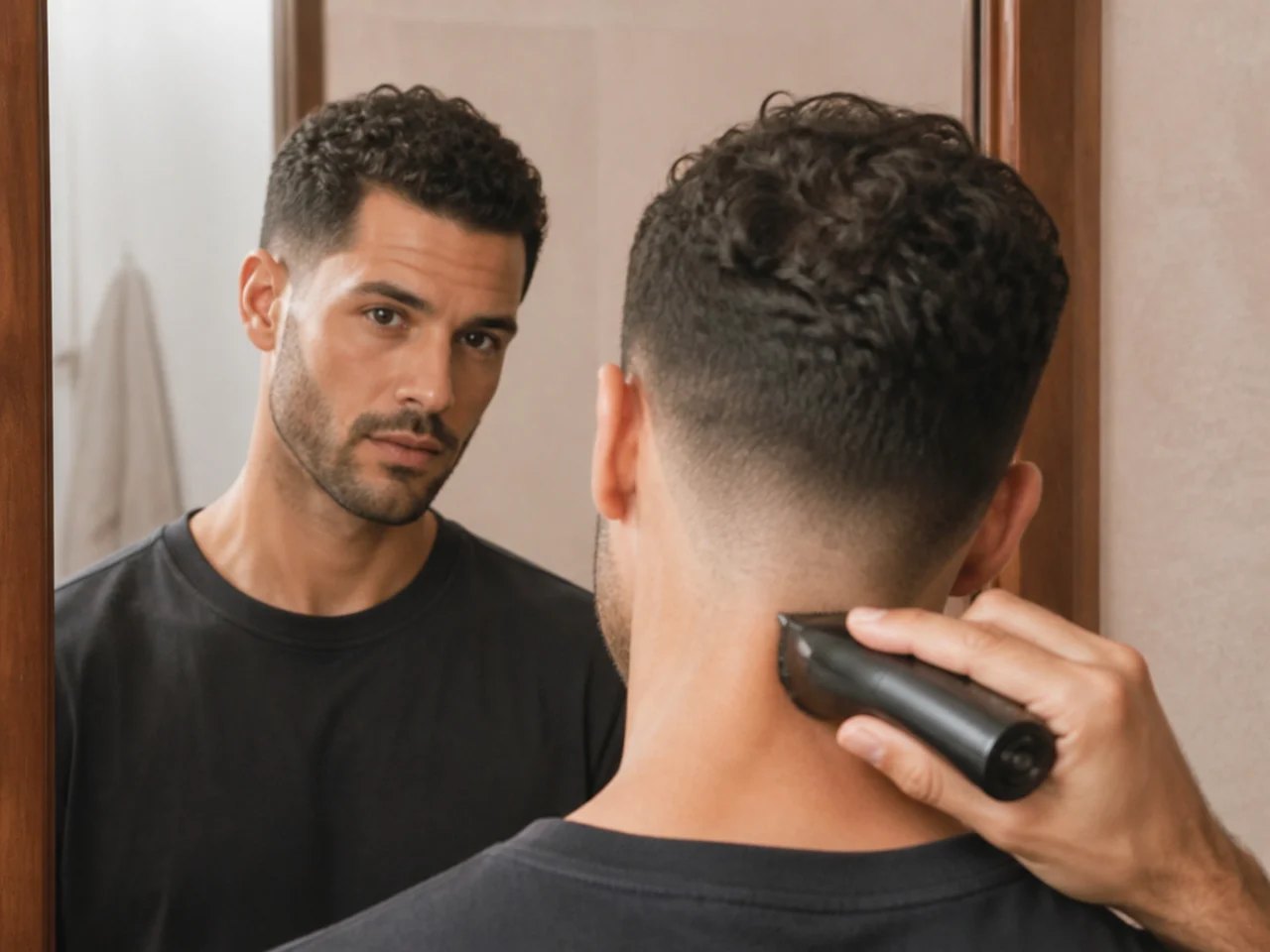 A neckline being trimmed at home between haircuts
