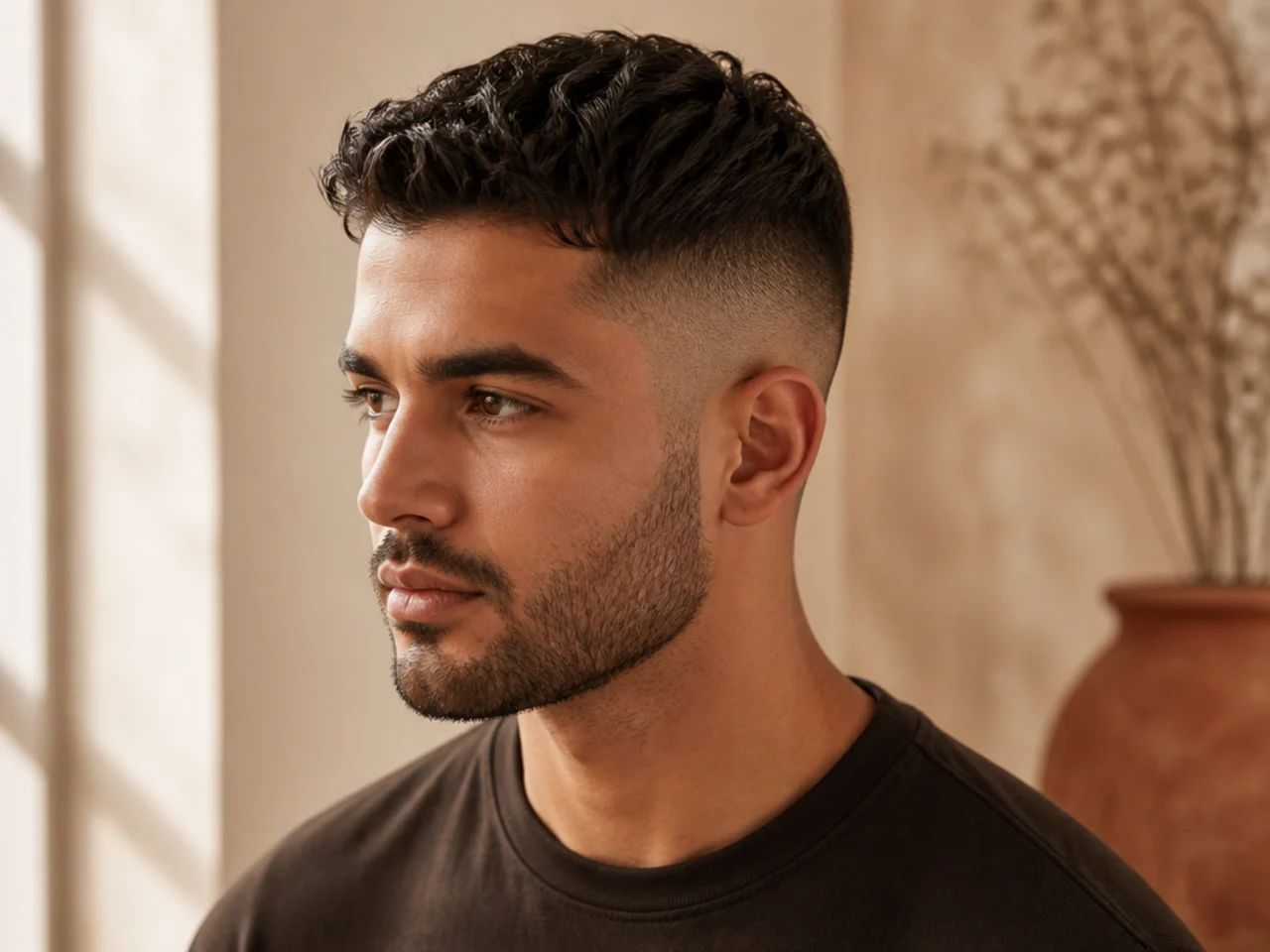 Three-quarter view of a short men's haircut in summer