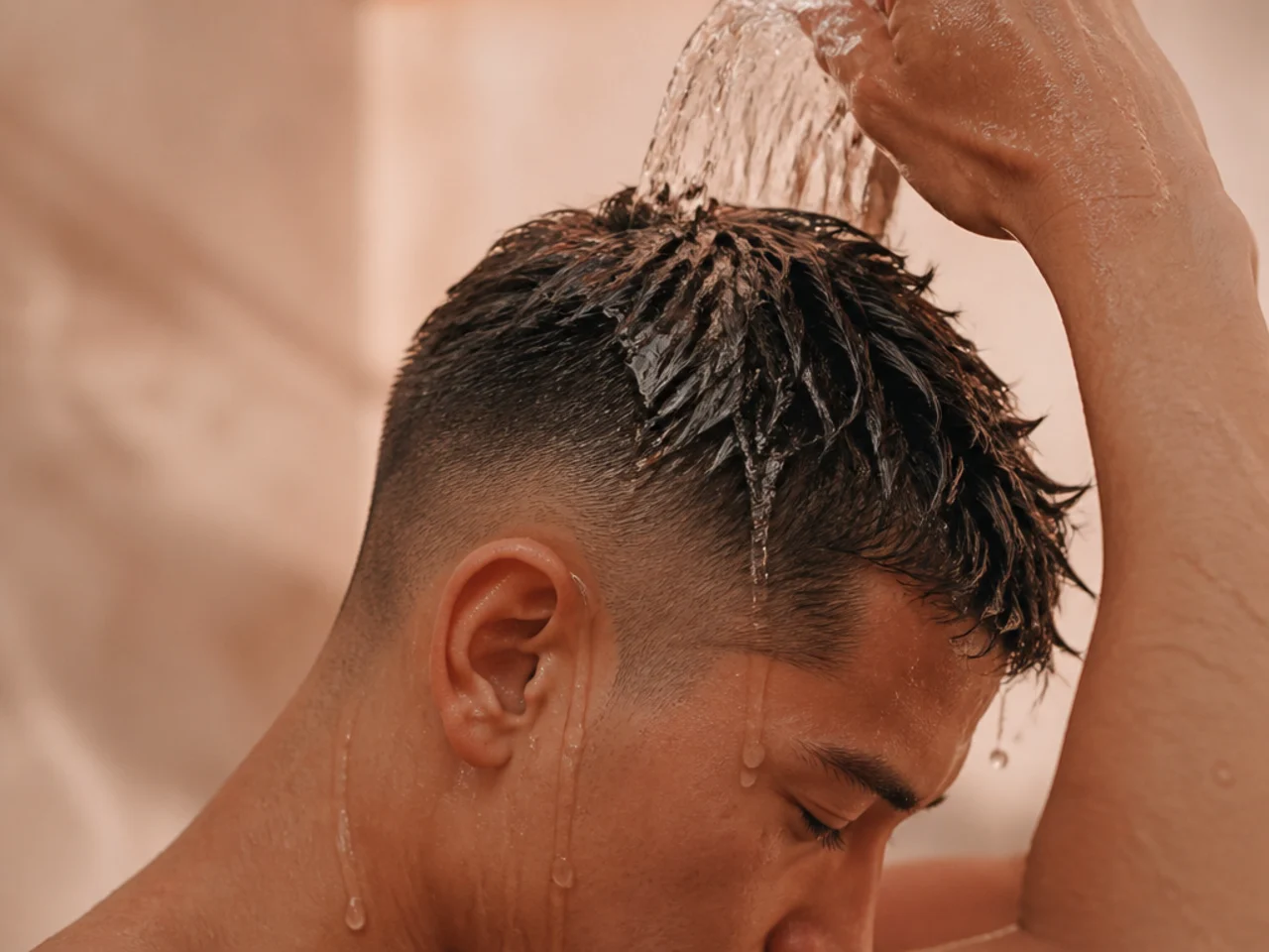 Short hair being rinsed after swimming in late summer