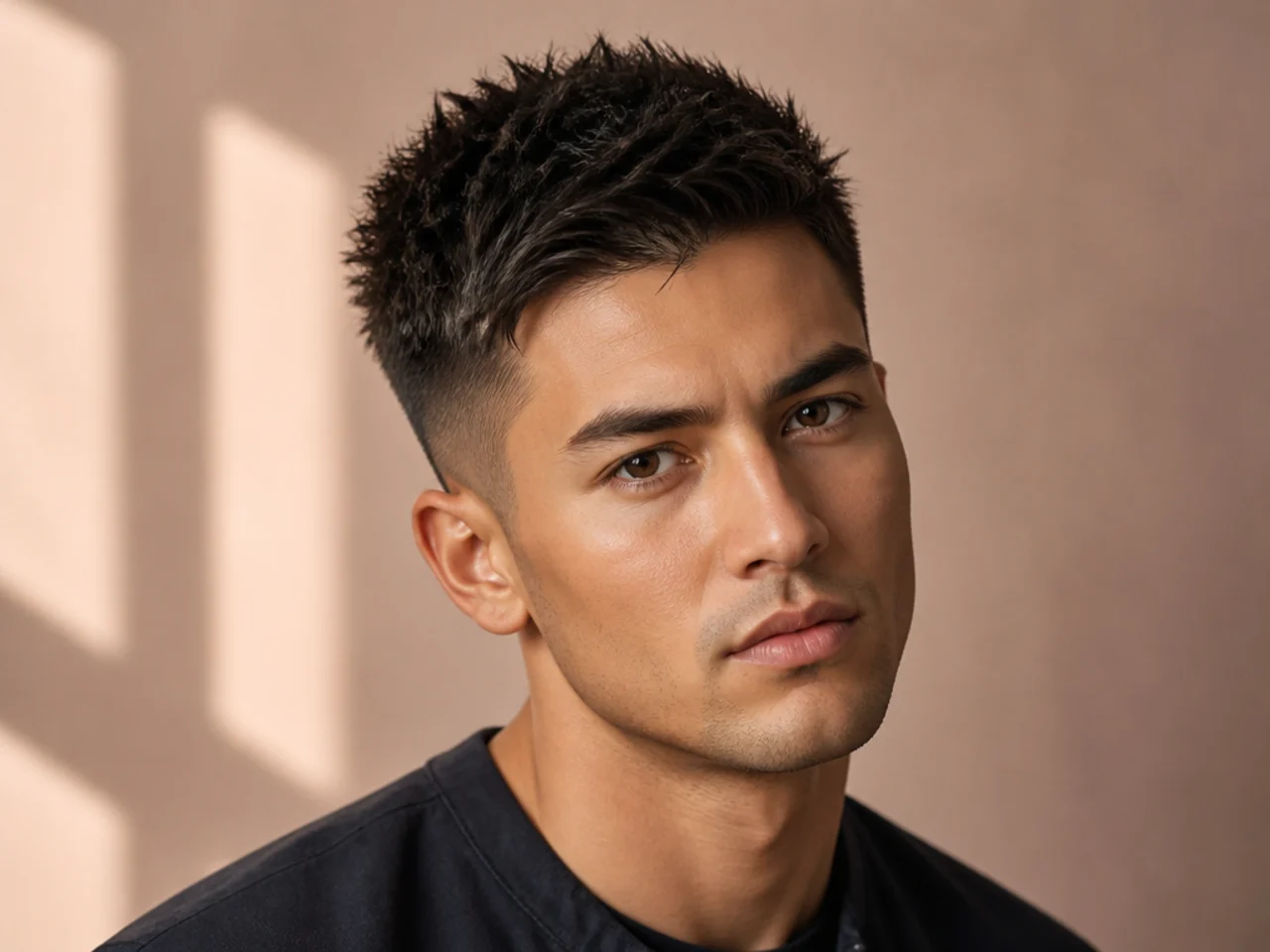 Classic short spiky haircut with defined vertical peaks and a low taper