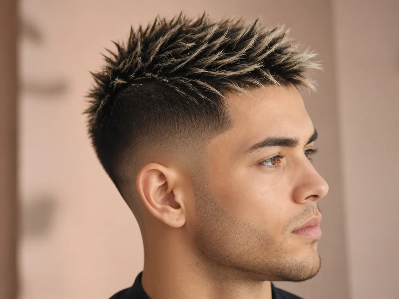 Modern frosted tips spiky cut with subtle blond peaks over a low fade