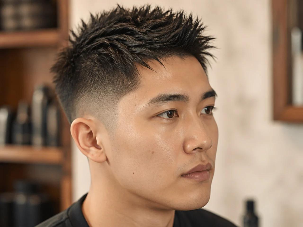 Client handing his barber a phone with a short spiky haircut reference photo