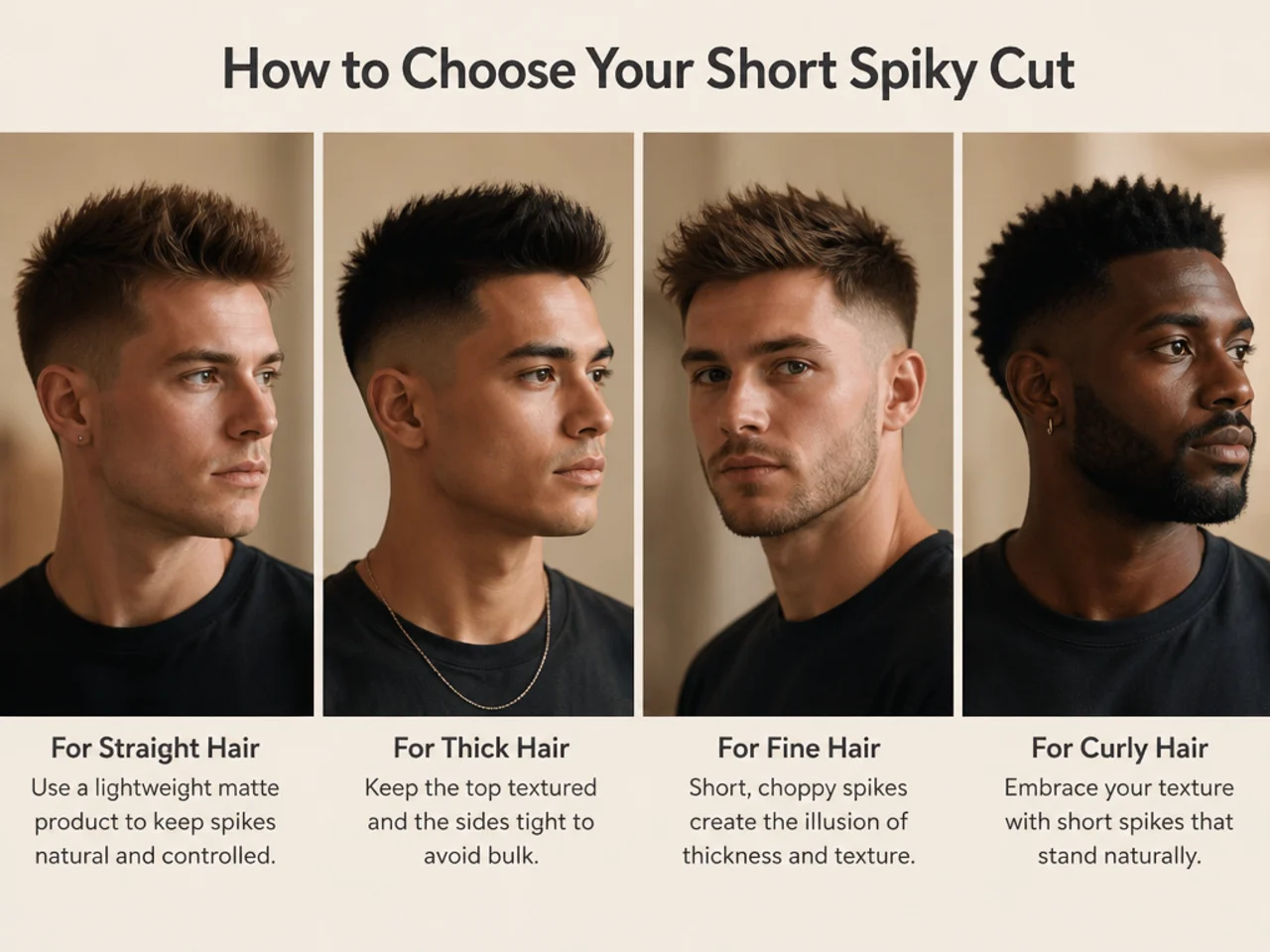 Barber consulting a young client on short spiky cut options in front of a mirror