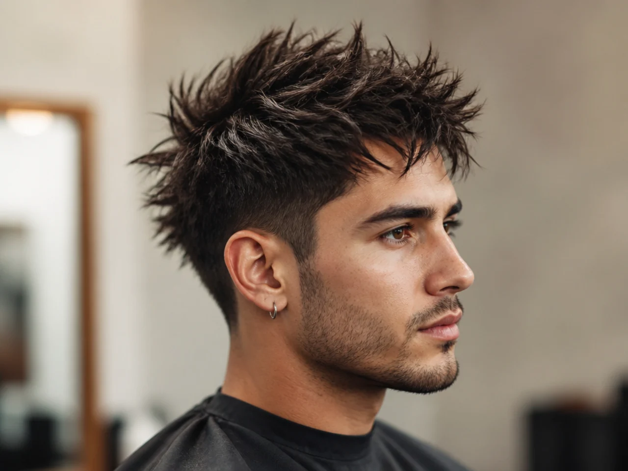 Messy spiky cut with peaks pushed in multiple directions and a low taper
