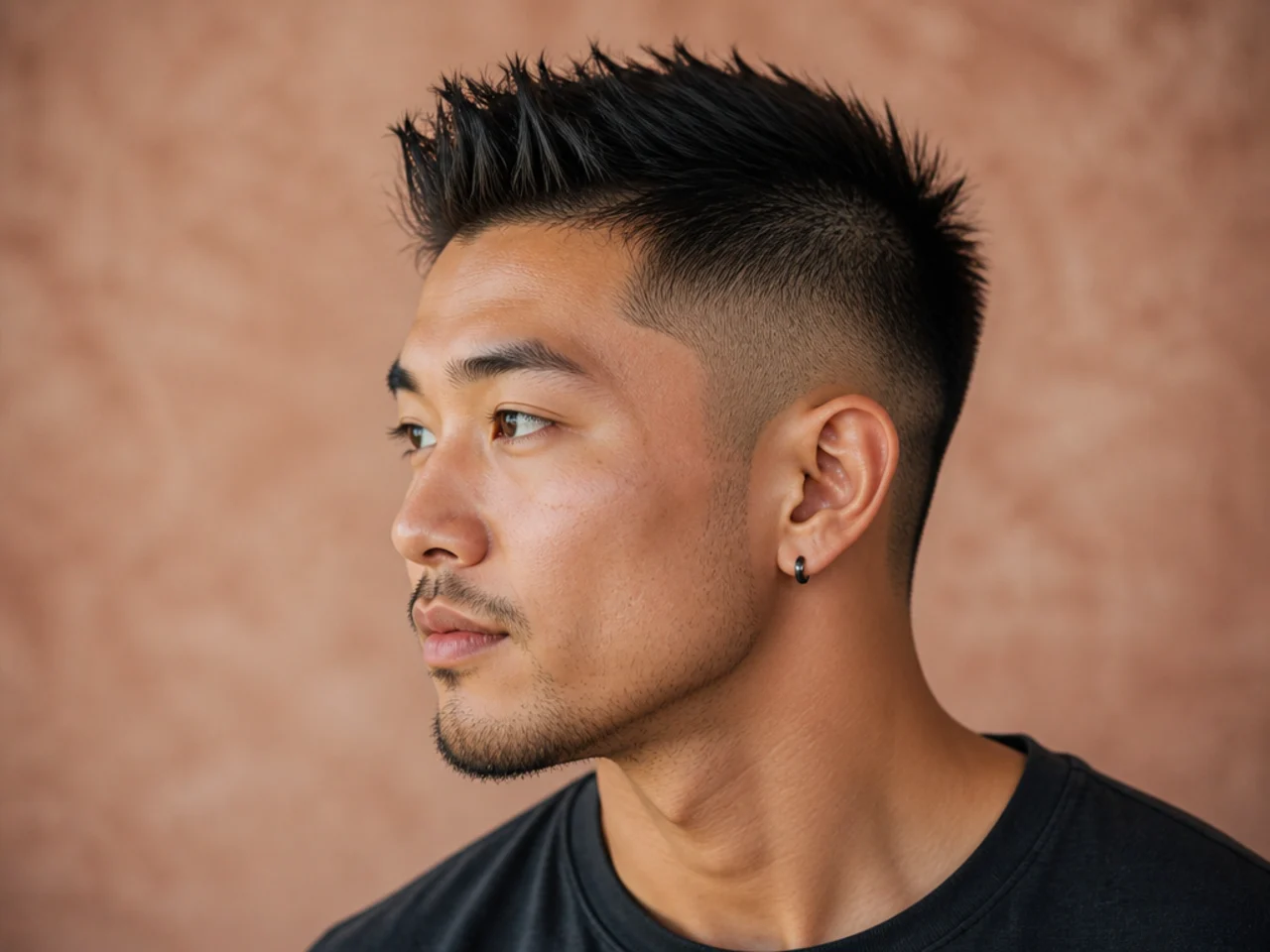 Short spiky faux hawk with a raised center strip and short faded sides