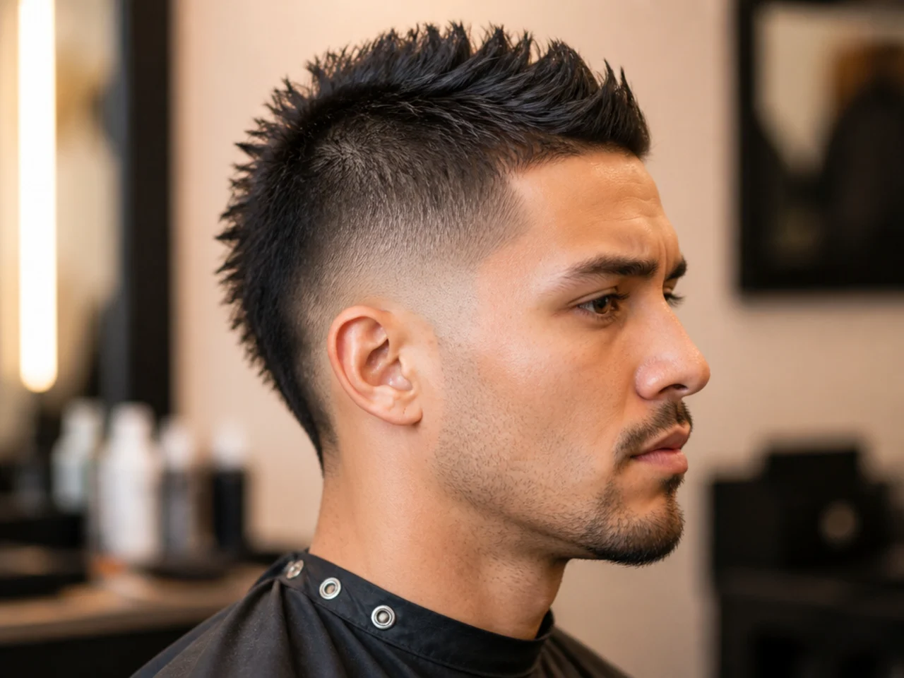 Short spiky mohawk with clippered sides and a spiky center strip
