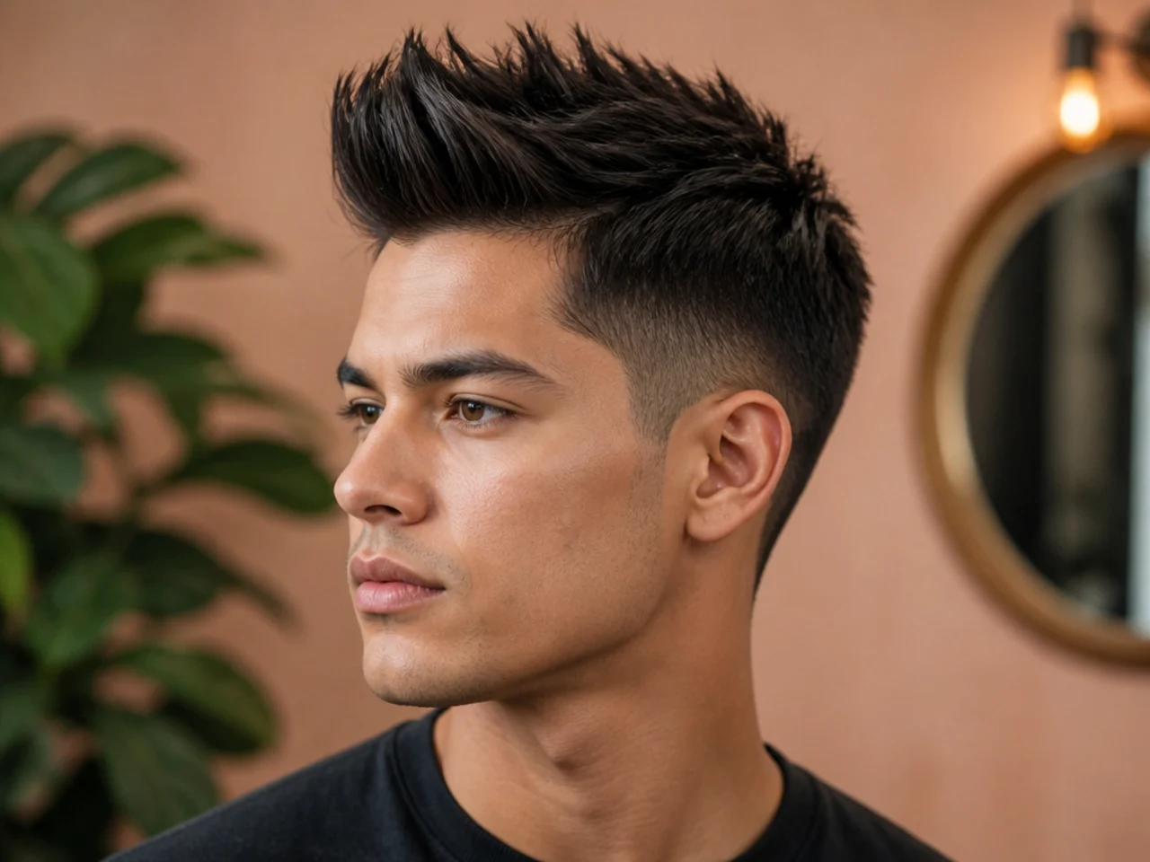 Short spiky pompadour with volume swept up and back and a low taper