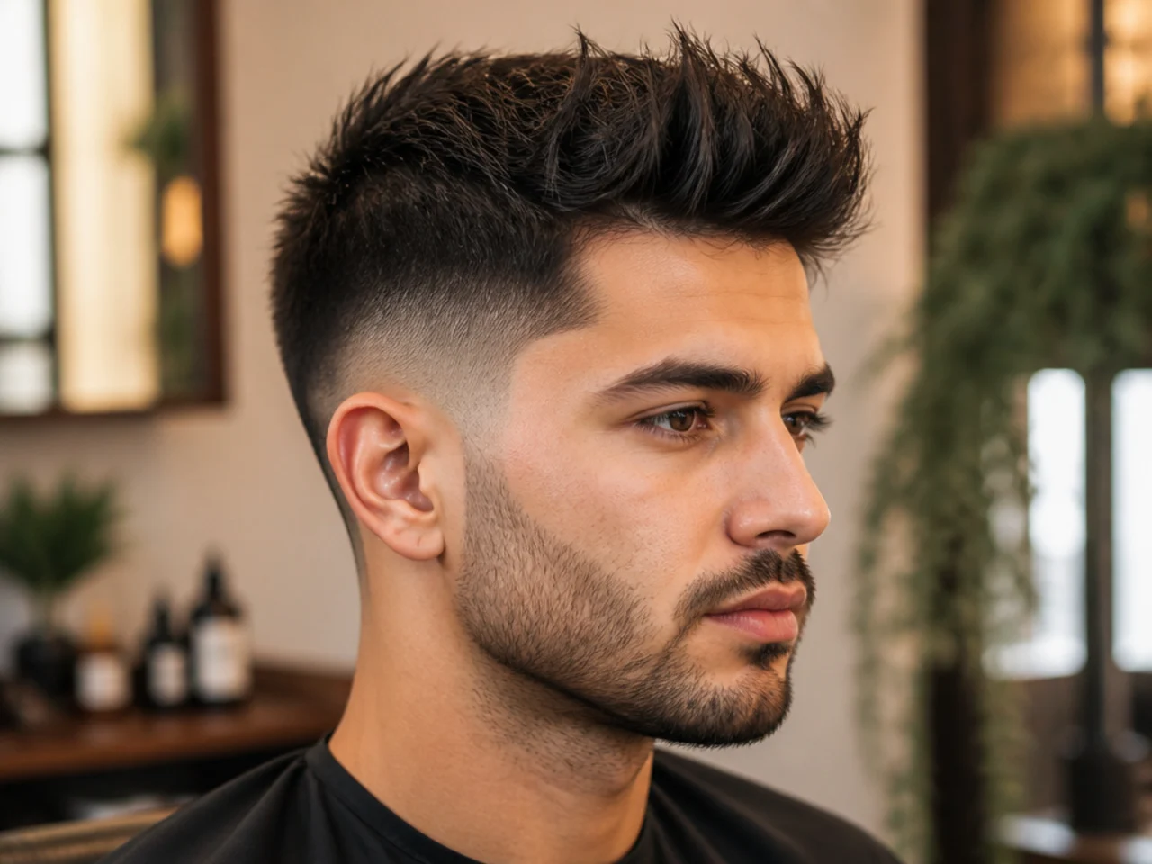 Short spiky quiff with lifted front peaks and a mid fade