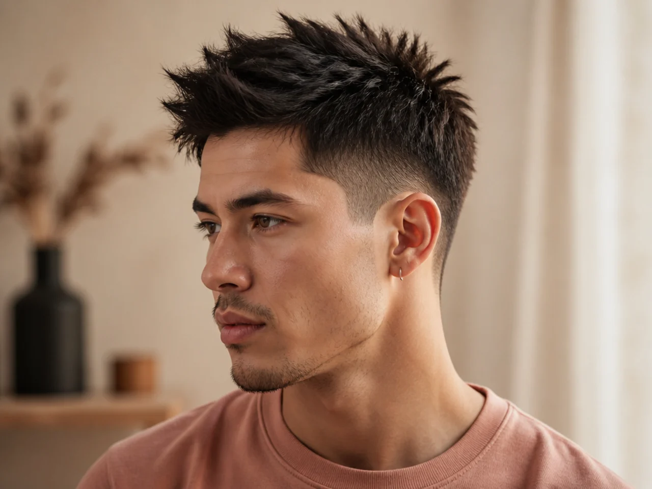 Short textured spiky cut with piecey point-cut top and a mid fade