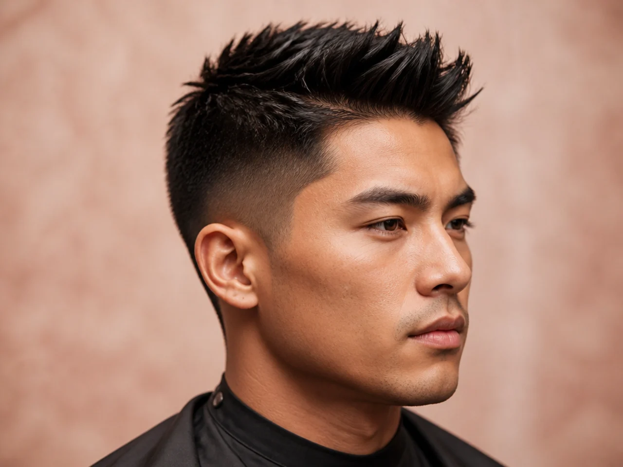 Spiky brush up with textured hair swept up and forward and a low fade