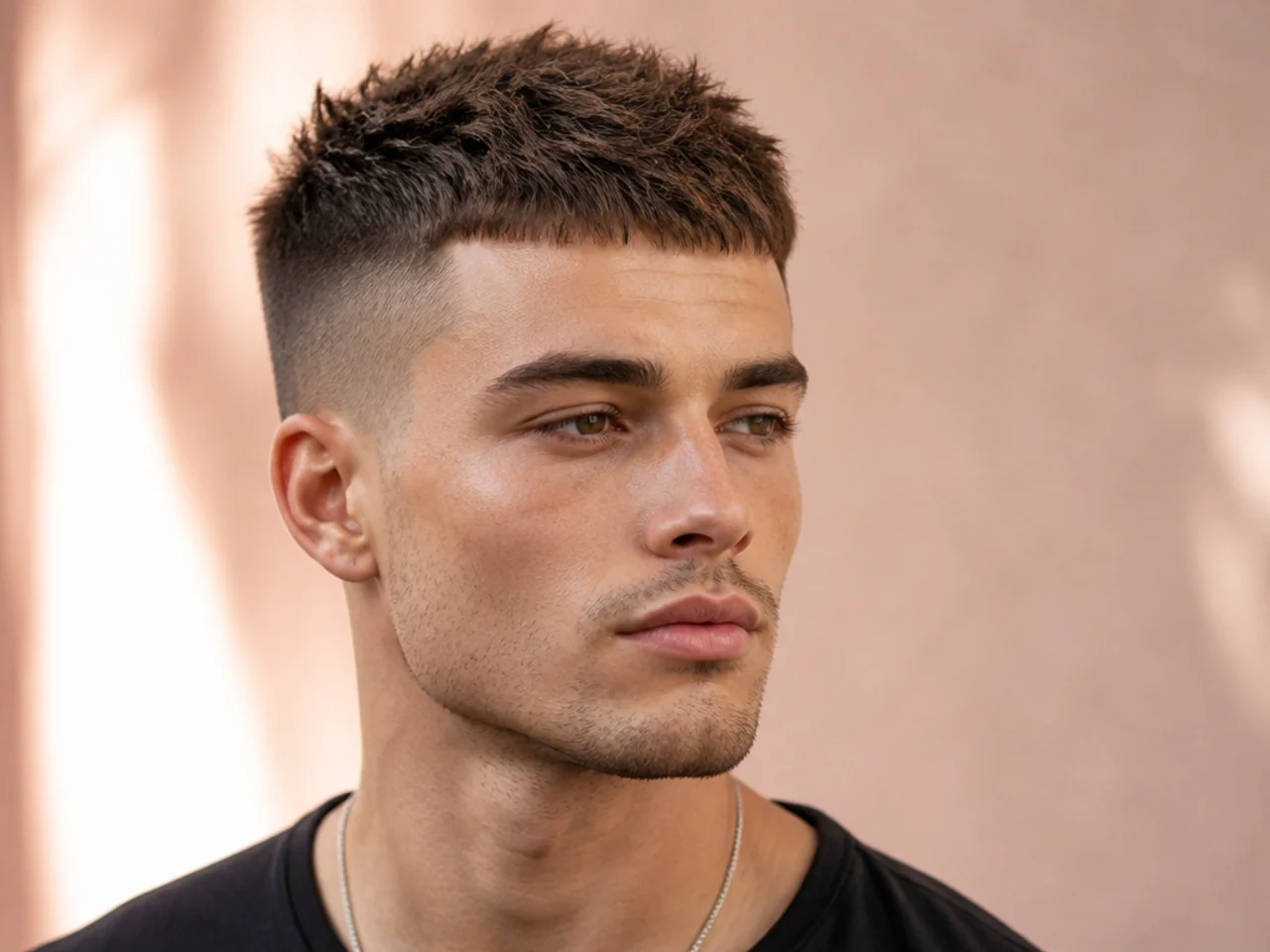 Spiky Caesar cut with a forward-brushed top ending in short textured peaks