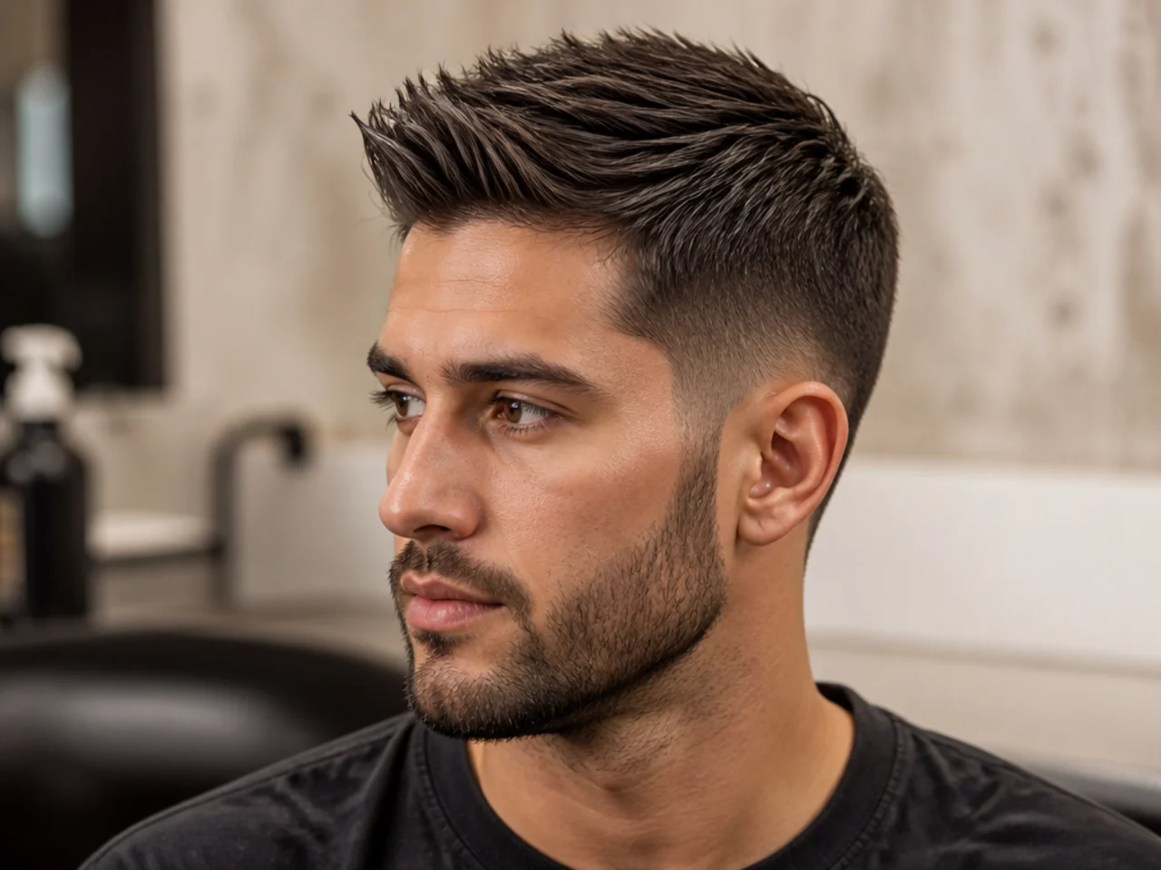 Spiky comb over with hair swept to one side and textured peaks along the top