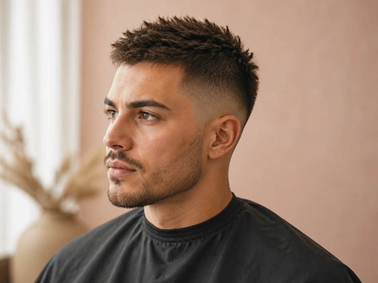 Spiky crew cut with a graduated top styled into vertical peaks and tapered sides
