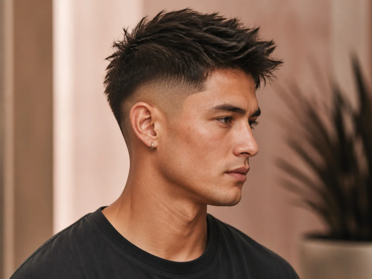 Spiky drop fade with the fade line arcing down behind the ear and peaks up top
