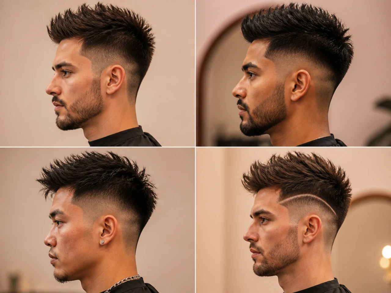 Short spiky haircut with five fade variations — low, mid, skin, drop, and undercut