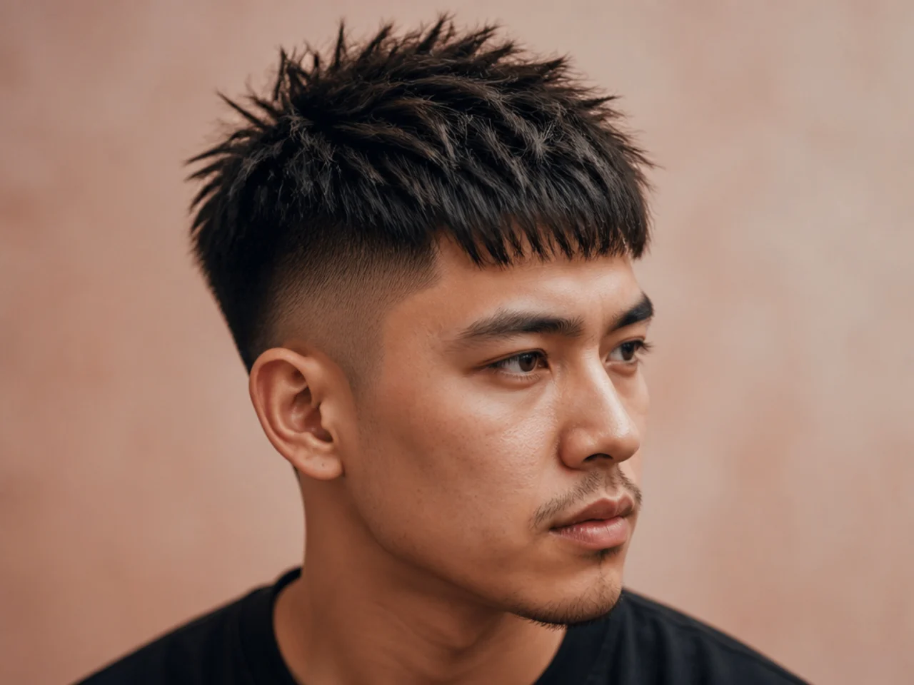 Spiky fringe with short top — front pushed into peaks with a shorter back and low fade