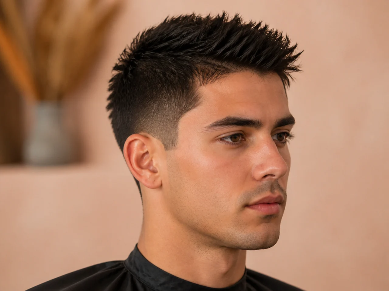 Spiky Ivy League with a side part, longer top, and textured peaks at the front