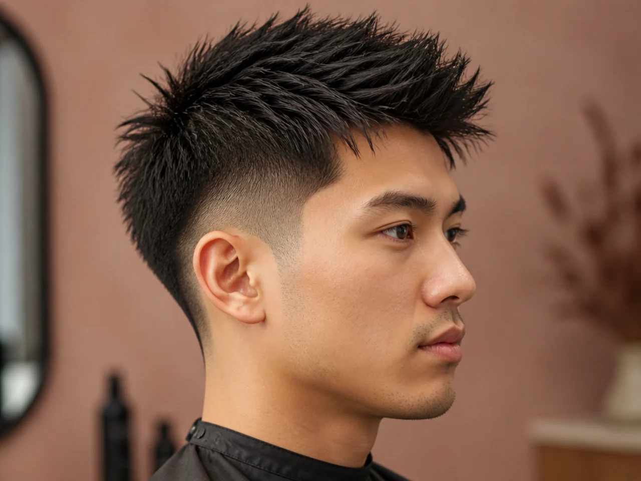 Spiky low fade with the fade starting just above the ear and short peaks up top