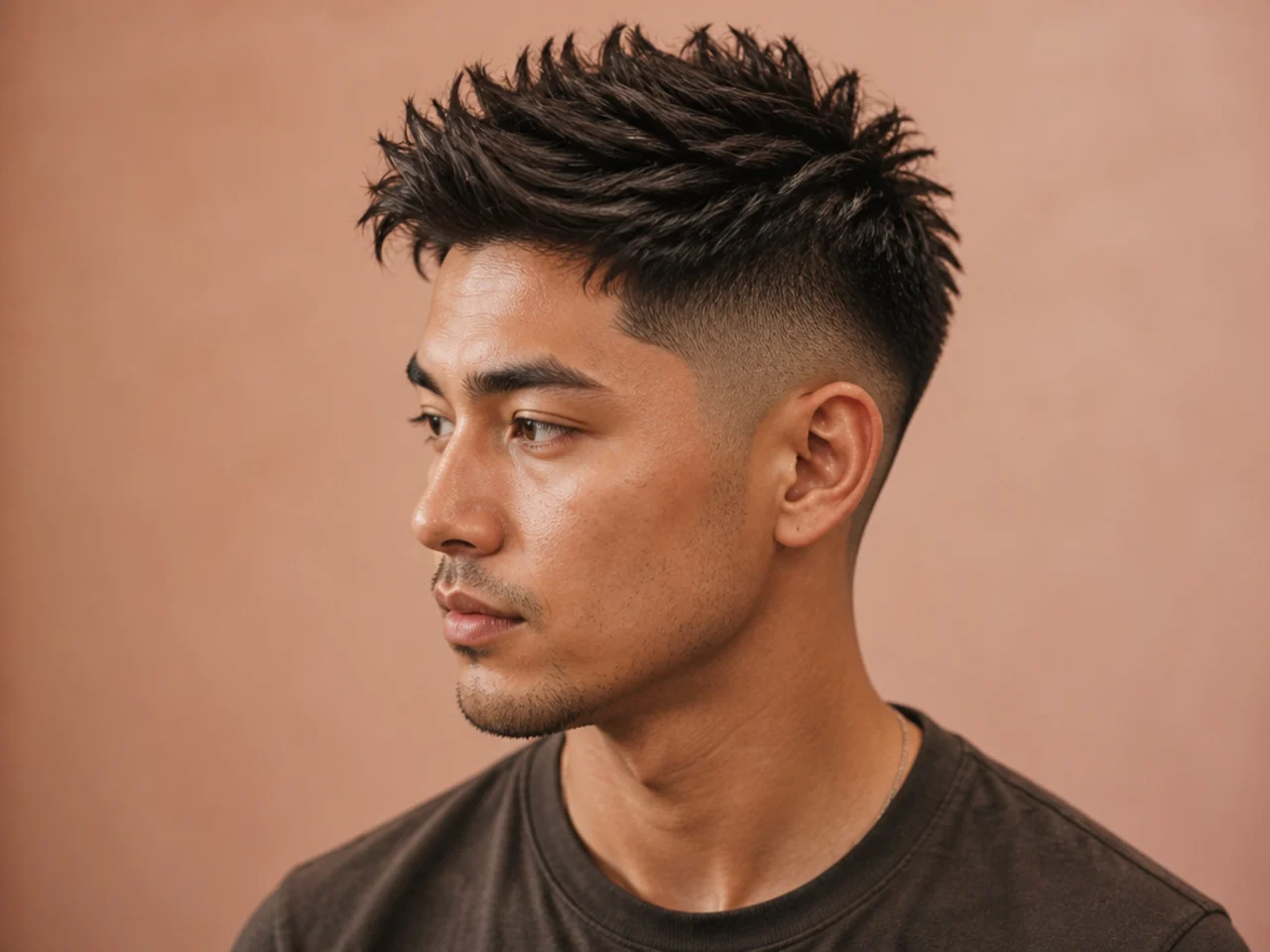 Spiky mid fade with the fade line at the temple and defined peaks on top