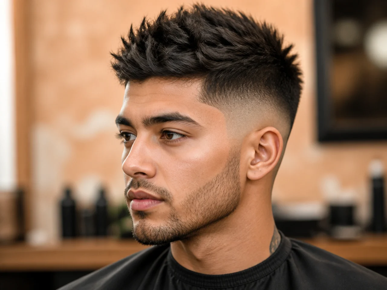 Spiky skin fade with the sides shaved to skin and sharply defined peaks on top