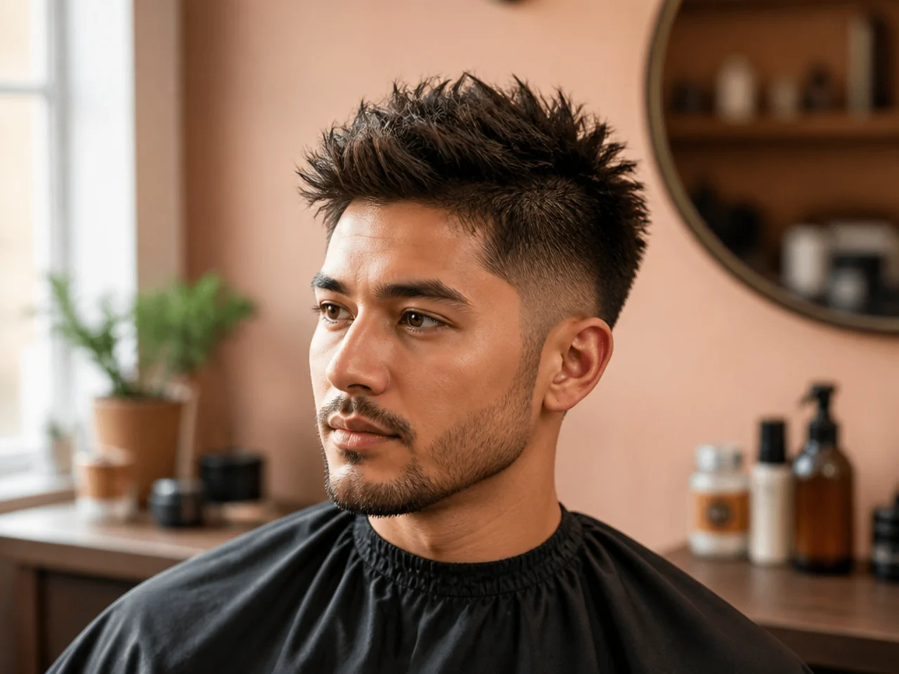 Short spiky hair styling products laid out on a warm-toned barber counter