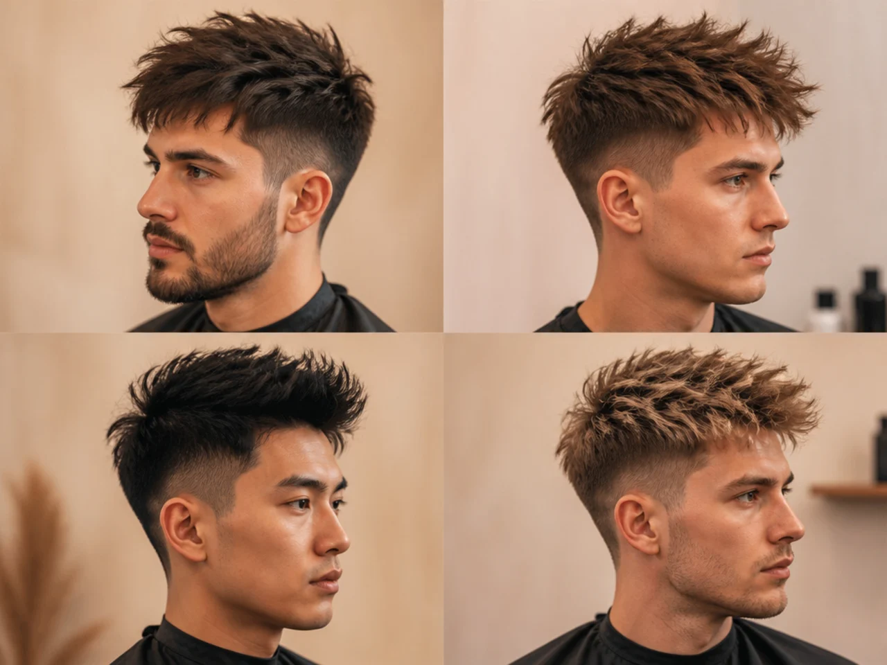Short spiky cuts with height and movement — quiff, faux hawk, mohawk, brush up, pompadour