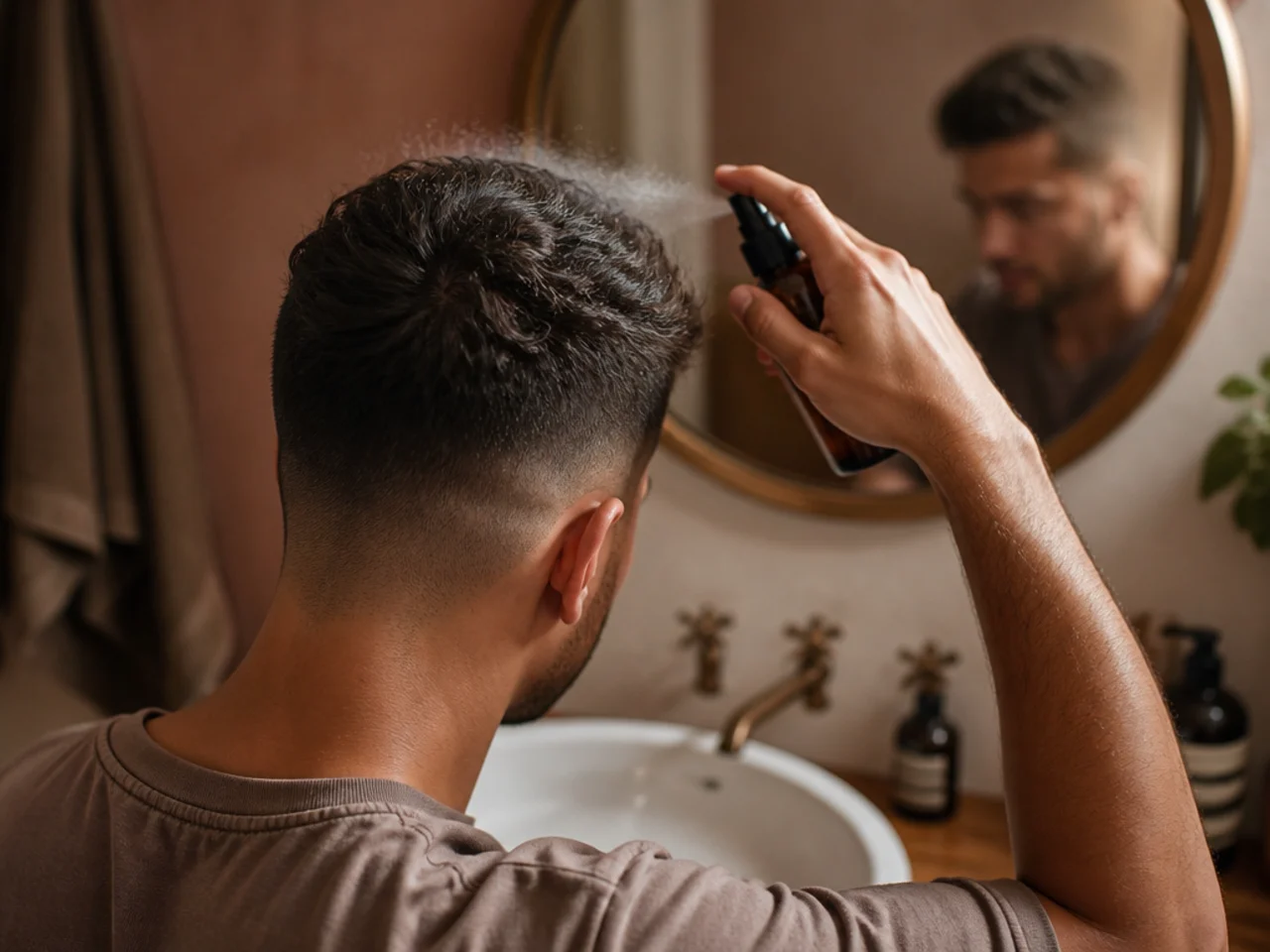 Bed hair being damped down at a bathroom sink