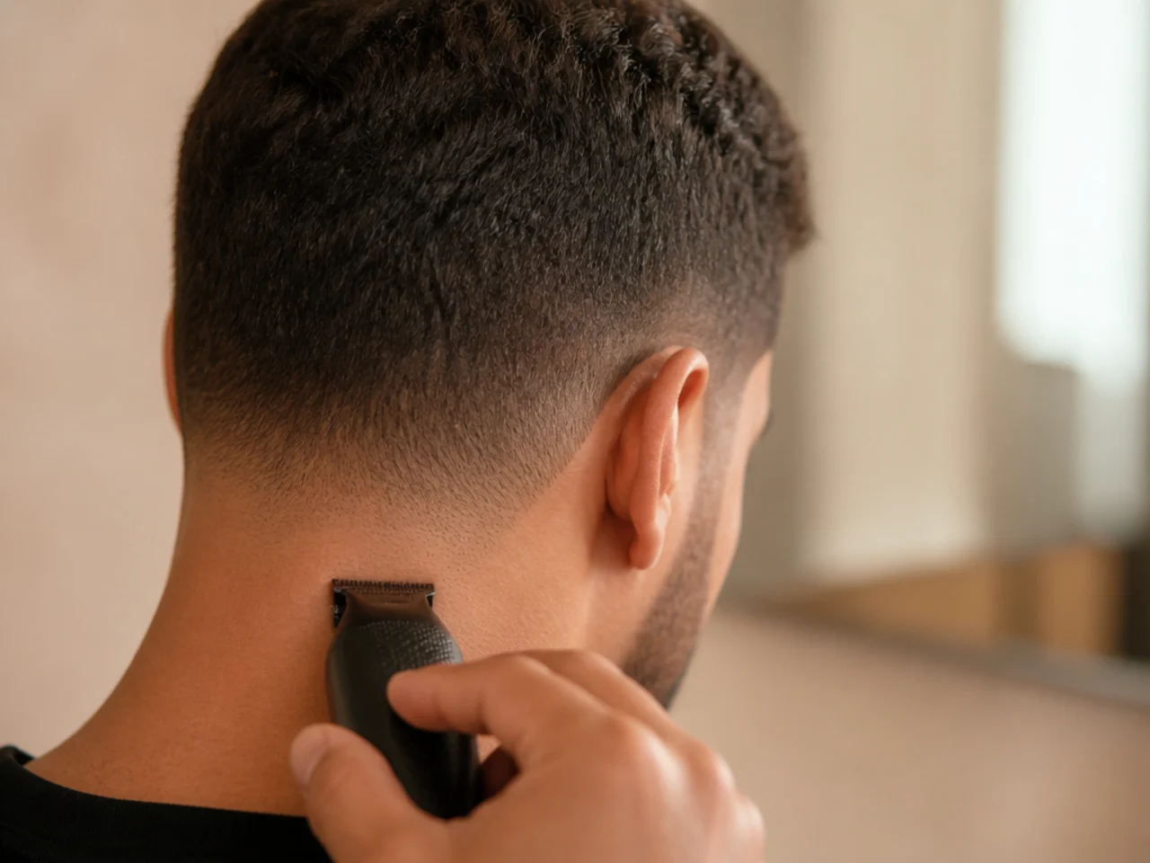 A neckline being tidied with clippers at home