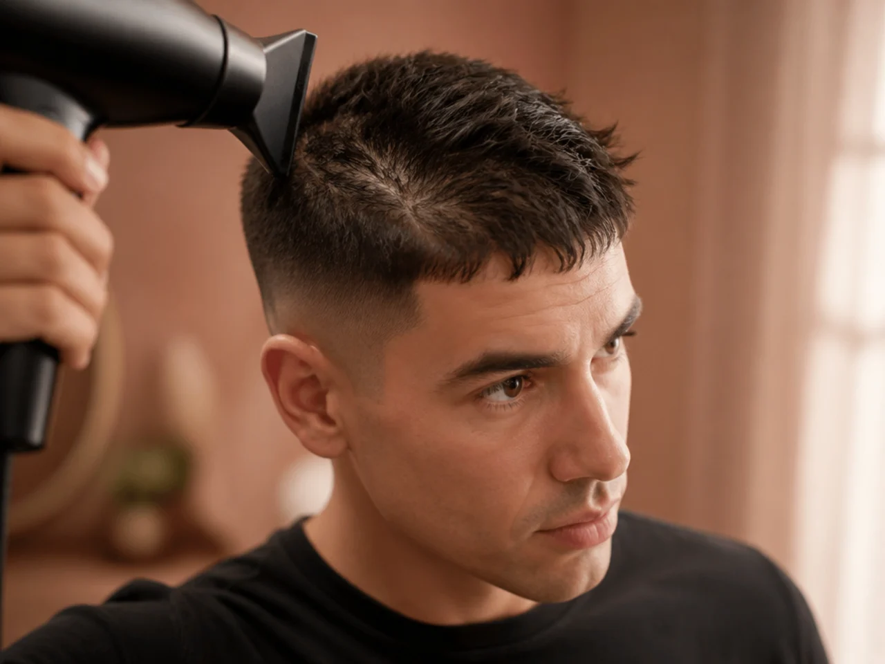 A cowlick at the crown being dried into place